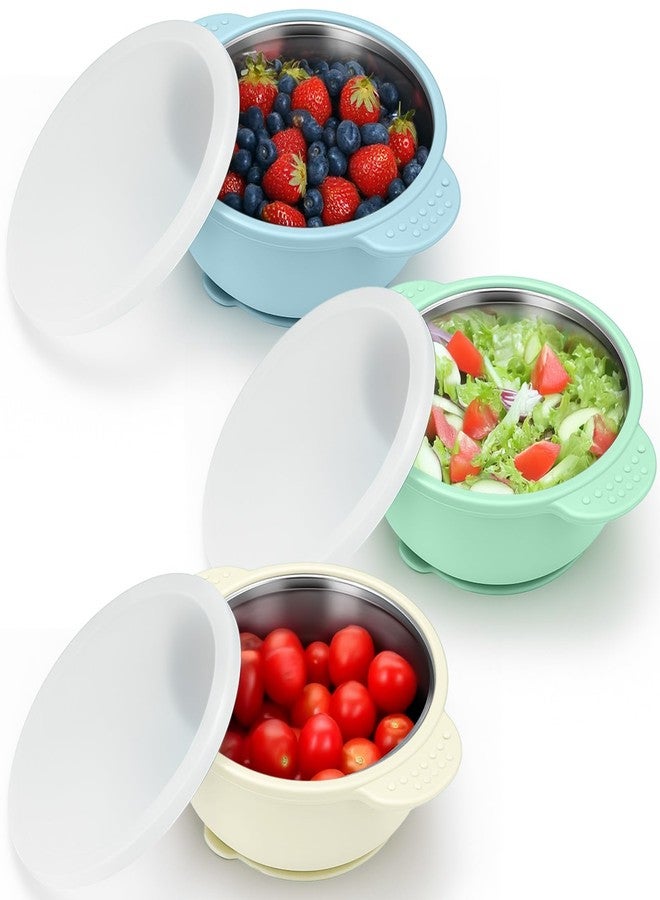 بوسوها مجموعة بوسوها من 3 أوعية طعام للأطفال مصنوعة من الفولاذ المقاوم للصدأ مع غطاء - وعاء طعام 2 في 1 للأطفال الصغار، مقاوم للحرارة، مانع للانسكاب، مزود بخاصية الشفط، مناسب لتغذية الأطفال الرضع والصغار. - Image 1